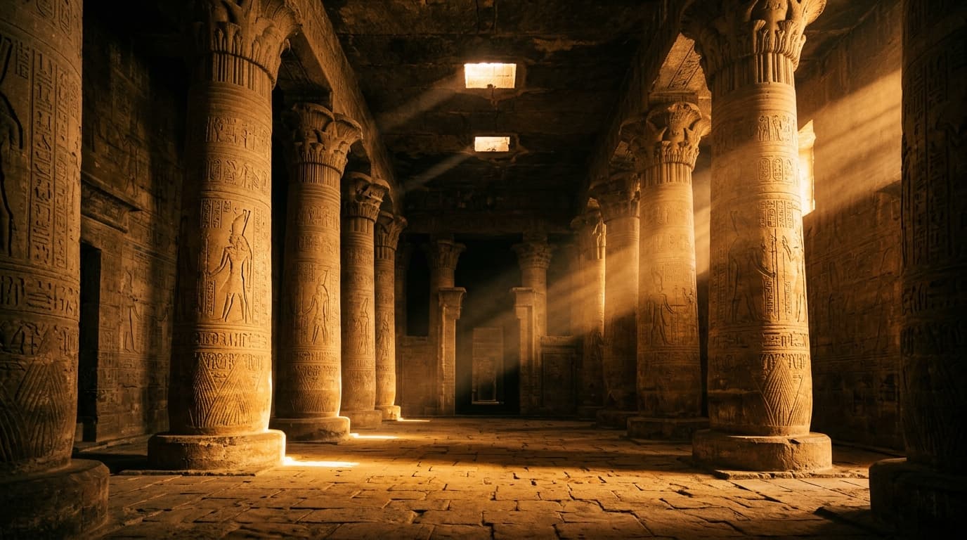 Ancient Egyptian temple interior with dramatic golden light
